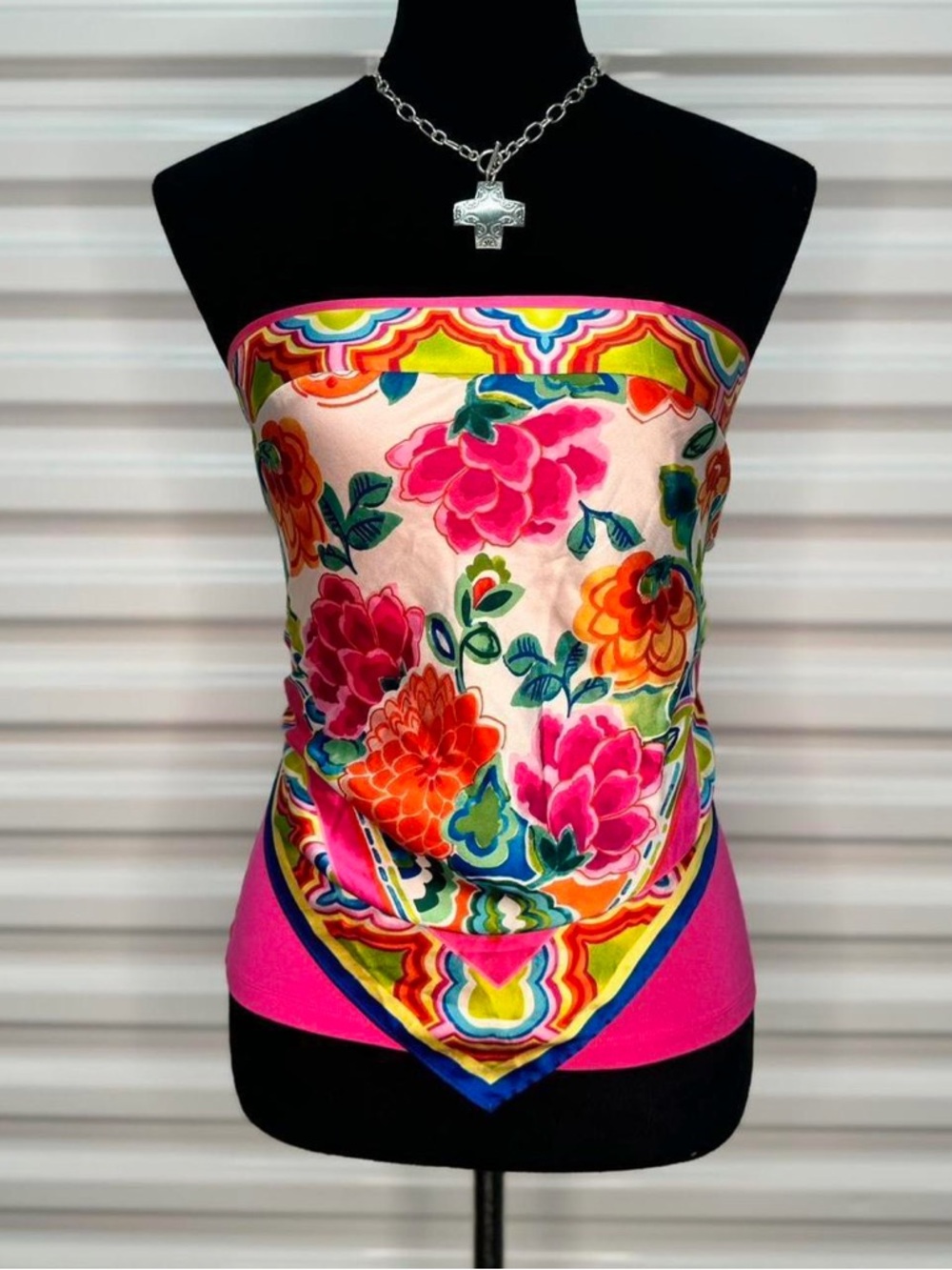 Vibrant Floral Silk Scarf Top - Pink Multicolor